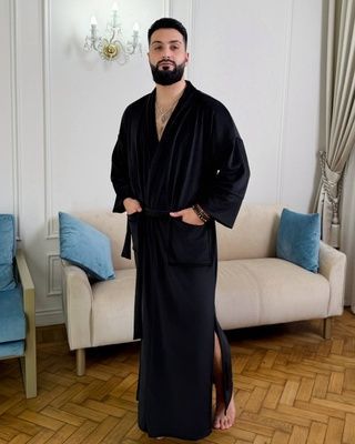 Халат чоловічий довгий велюровий, Чорний, 42-48