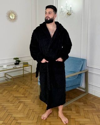 Мужской длинный халат с капюшоном, Черный, 42-48