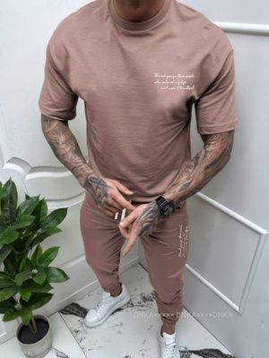Спортивный мужской костюм футболка и брюки., Бежевый, S-M